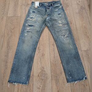 $1895 Mens FEAR OF GOD Distressed Straight Leg Jeans Vintage Indigo 33 x 32